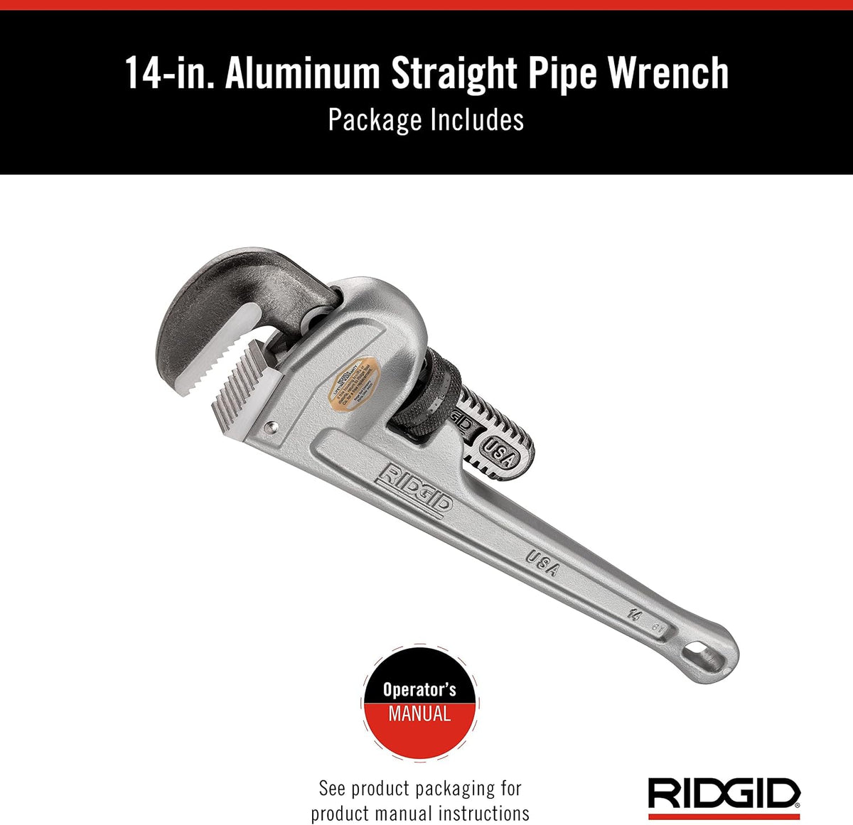 RIDGID 31095 Model 814 Aluminum Straight 14' Plumbing Pipe Wrench, Silver, Made in the USA (Pack of 6)