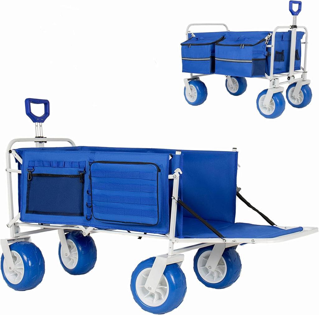 ZeHuoGe 500LBS Folding Wagon with Extendable Tailgate, Multi-Functional Wagon with 9' All-Terrain 360° Rotation Wheels, 2 Detachable Insulated Bags for Beach, Camping, Garden & Outdoor Sports