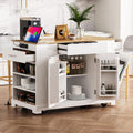 Fluted Rolling Kitchen Island Cart on 5 Wheels with Trash Can Storage Cabinet, Power Outlet, 3 Drawer, 3 Open Side Racks, 10 Gallon Garbage Bin for Kitchen, Dining Room, White
