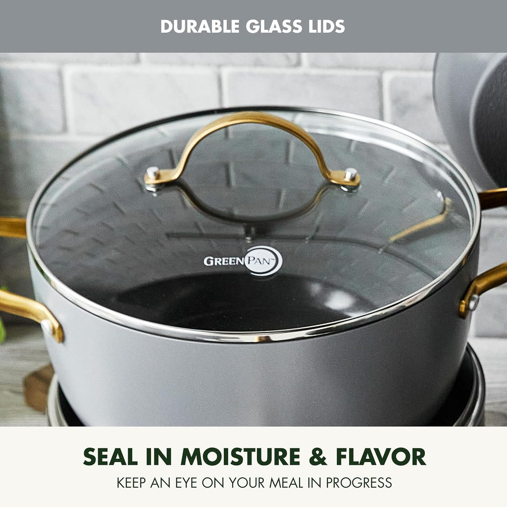 GreenPan Hard Anodized Healthy Ceramic Nonstick 8 Piece Cookware Pots and Pans Set, Gold-Tone Stainless Steel Handles, PFAS & PFOA-Free, Dishwasher Safe, Oven & Broiler Safe, Charcoal