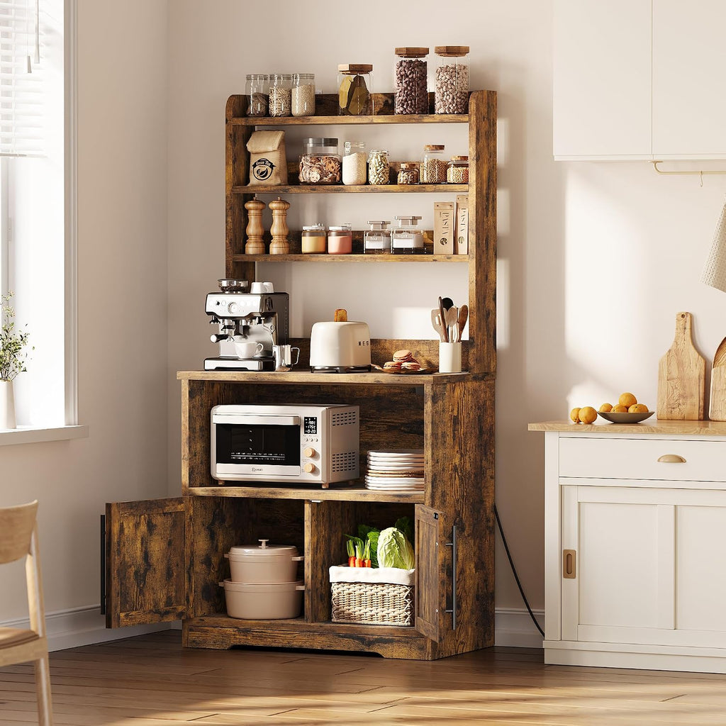 Bakers Rack with Storage Cabinet, Farmhouse Microwave Stand with Power Outlets, Small Kitchen Bakers Rack with Thick Table Top, Coffee Bar Station for Dining Room, Retro Brown