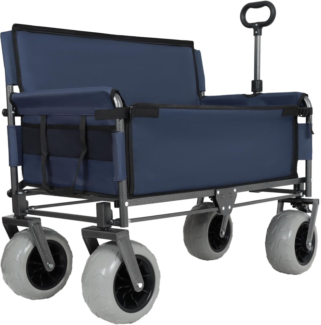 3-in-1 Convertible Folding Wagon Cart with Bench Seat & 180L Storage - 500lbs Heavy-Duty All-Terrain Wagon for Camping, Beach, Sports & Garden Use (Dark Blue +9'x4' Wheels)