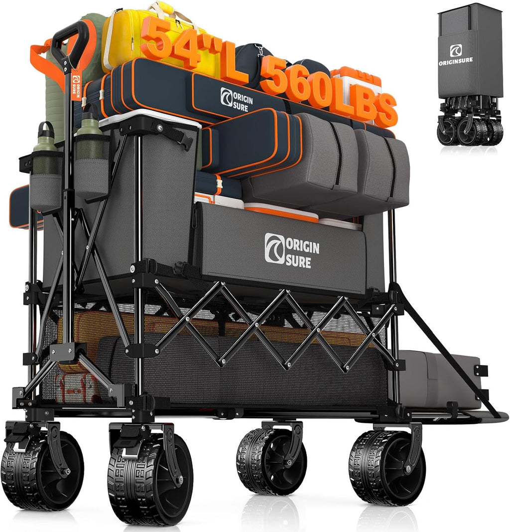 Originsure 400L Double Decker Wagon Collapsible with 54' L Tailgate, 560lbs Heavy Duty Carts Foldable, Extra Large Folding Beach Wagon with Big All-Terrain Wheels for Camping, Sports, Groceries, Grey