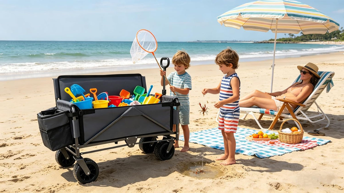 3-in-1 Convertible Folding Wagon Cart with Bench Seat & Storage - Includes 1 ice Pack, 500lbs Heavy-Duty Utility Wagon, All-Terrain Wheels for Camping, Beach, Sports, Garden (Gray)