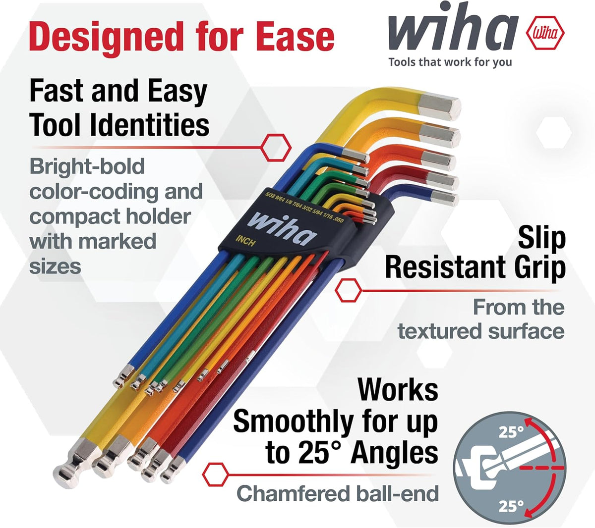 Wiha 66981 13-Piece Color Coded SAE Hex Key Allen Wrench Set, Ball End L-Key, .05'-3/8', Made in Germany