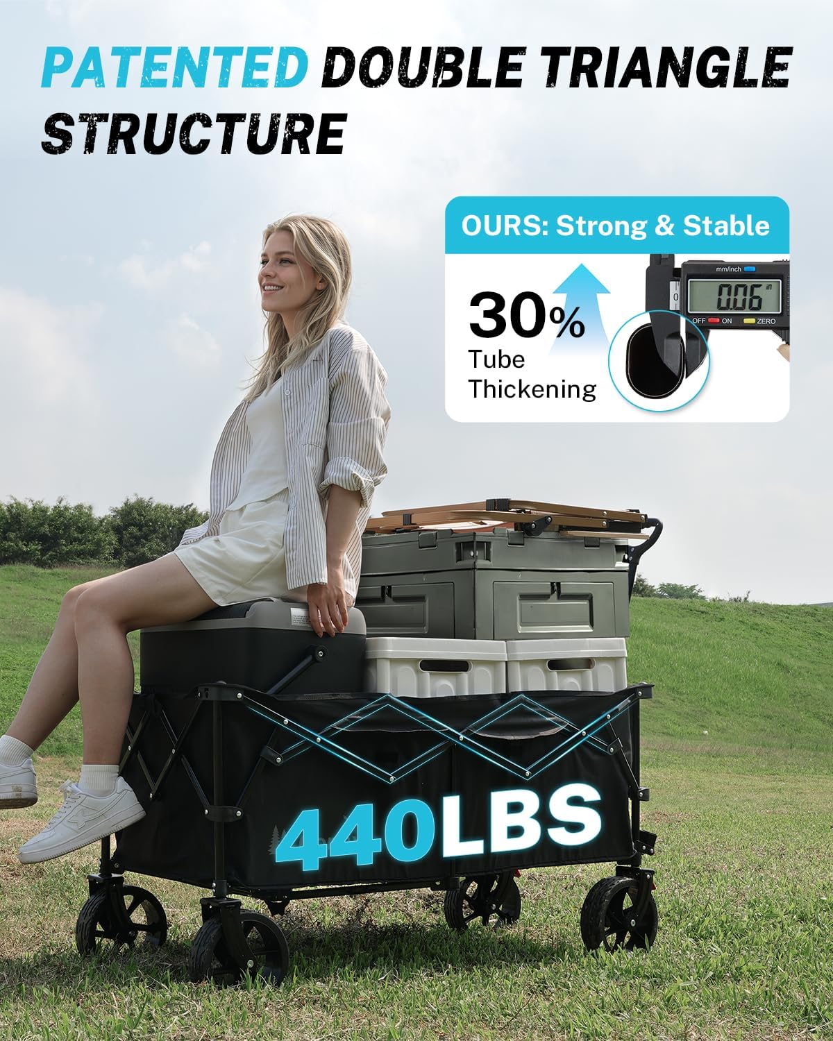 Gonex 48''L Collapsible Foldable Heavy Duty Oversized Wagon with 440lbs Weight Capacity, 300L Folding Large Utility Garden Grocery Shopping Cart with 8' H All-Terrain Wheels & 2 Drink Holders - Black
