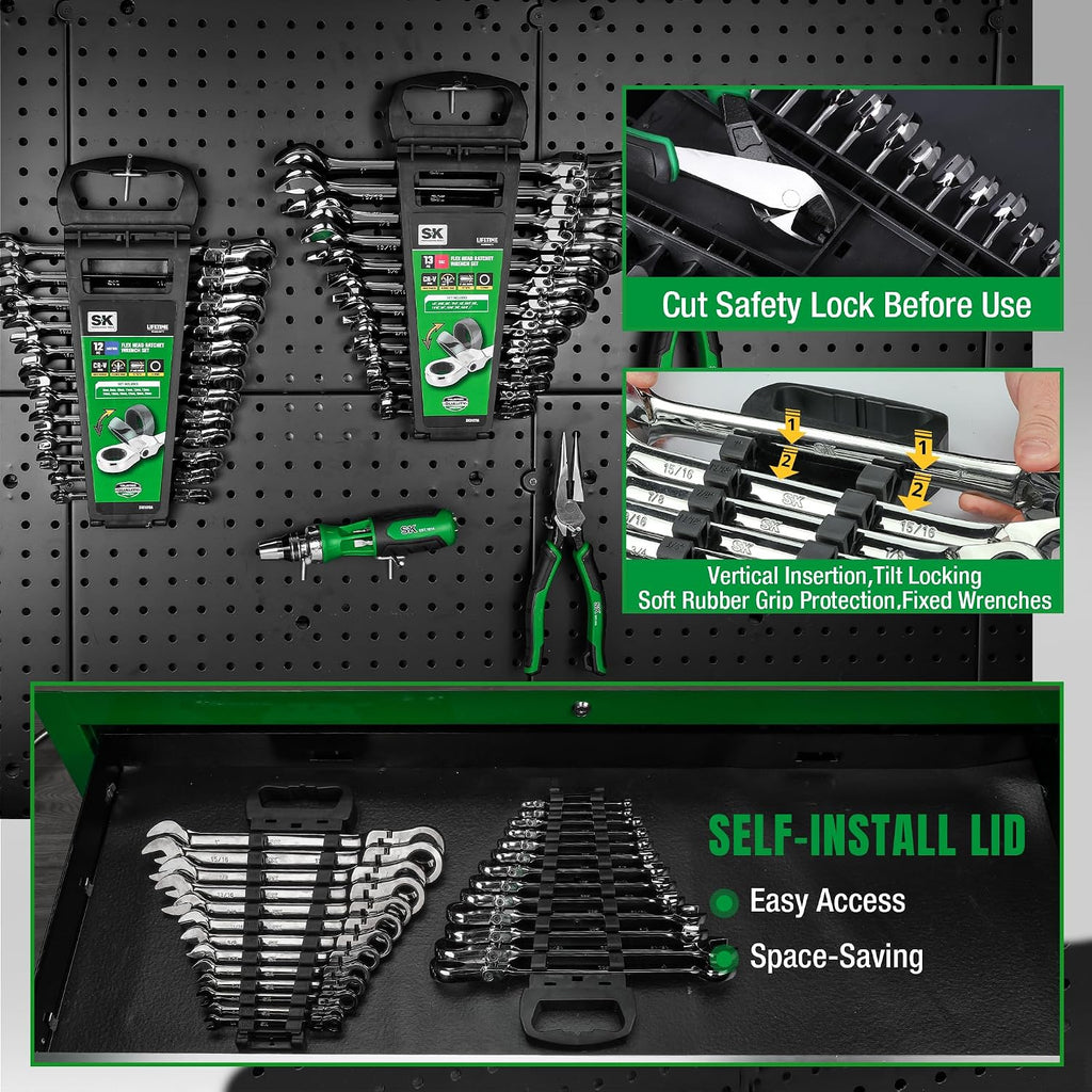 SK Flex-Head Ratcheting Wrench Set, Combination Wrench Set, 25-Piece, SAE 1/4' to 1', Metric 8 to 19mm, 72-Tooth, Premium CR-V Construction, with Rack Organizer
