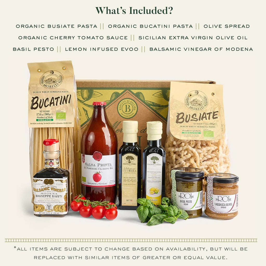 Mercato di Bellina Ultimate Italian Experience Gourmet Gift Basket - Luxurious Italian Gift Basket - All Natural, Made in Italy, Vegan. Ideal Present for Families, Clients, Thanksgiving, and Holidays