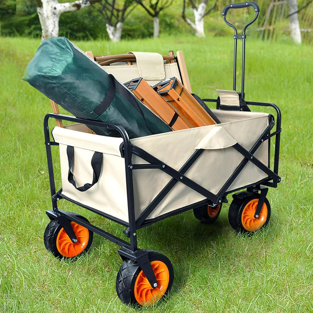 Collapsible Wagon Garden Cart,Folding Garden Carts,Beach Wagon Grocery Wagon All-Terrain Wagon Sports Beach Wagon Cart Rubber Wheel Universal Wheel Camping Cart with Folding Panels,(a) beige