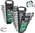 SK Flex-Head Ratcheting Wrench Set, Combination Wrench Set, 25-Piece, SAE 1/4' to 1', Metric 8 to 19mm, 72-Tooth, Premium CR-V Construction, with Rack Organizer