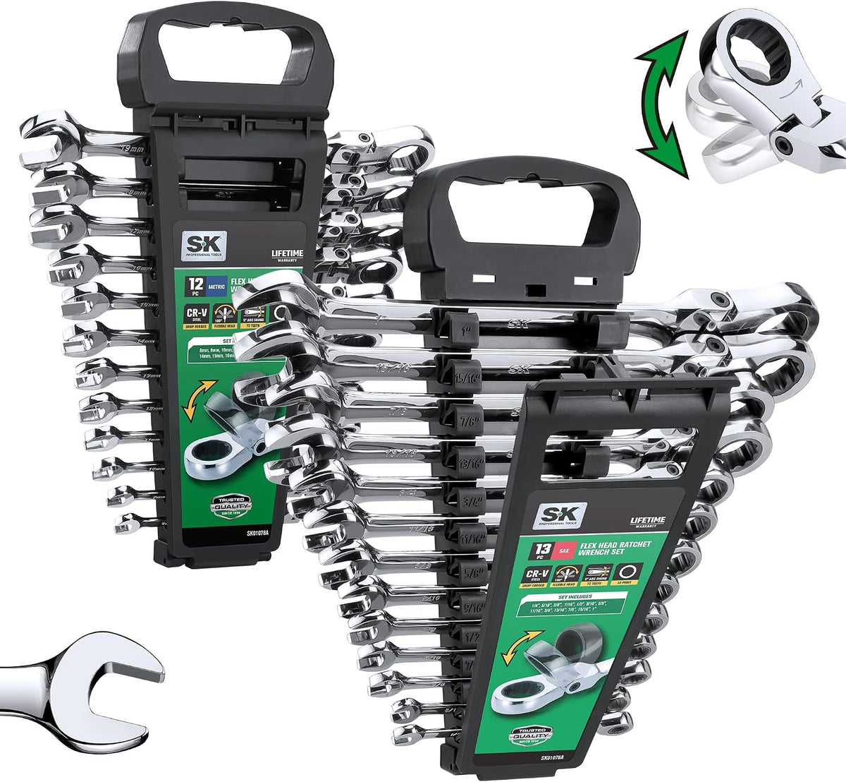 SK Flex-Head Ratcheting Wrench Set, Combination Wrench Set, 25-Piece, SAE 1/4' to 1', Metric 8 to 19mm, 72-Tooth, Premium CR-V Construction, with Rack Organizer