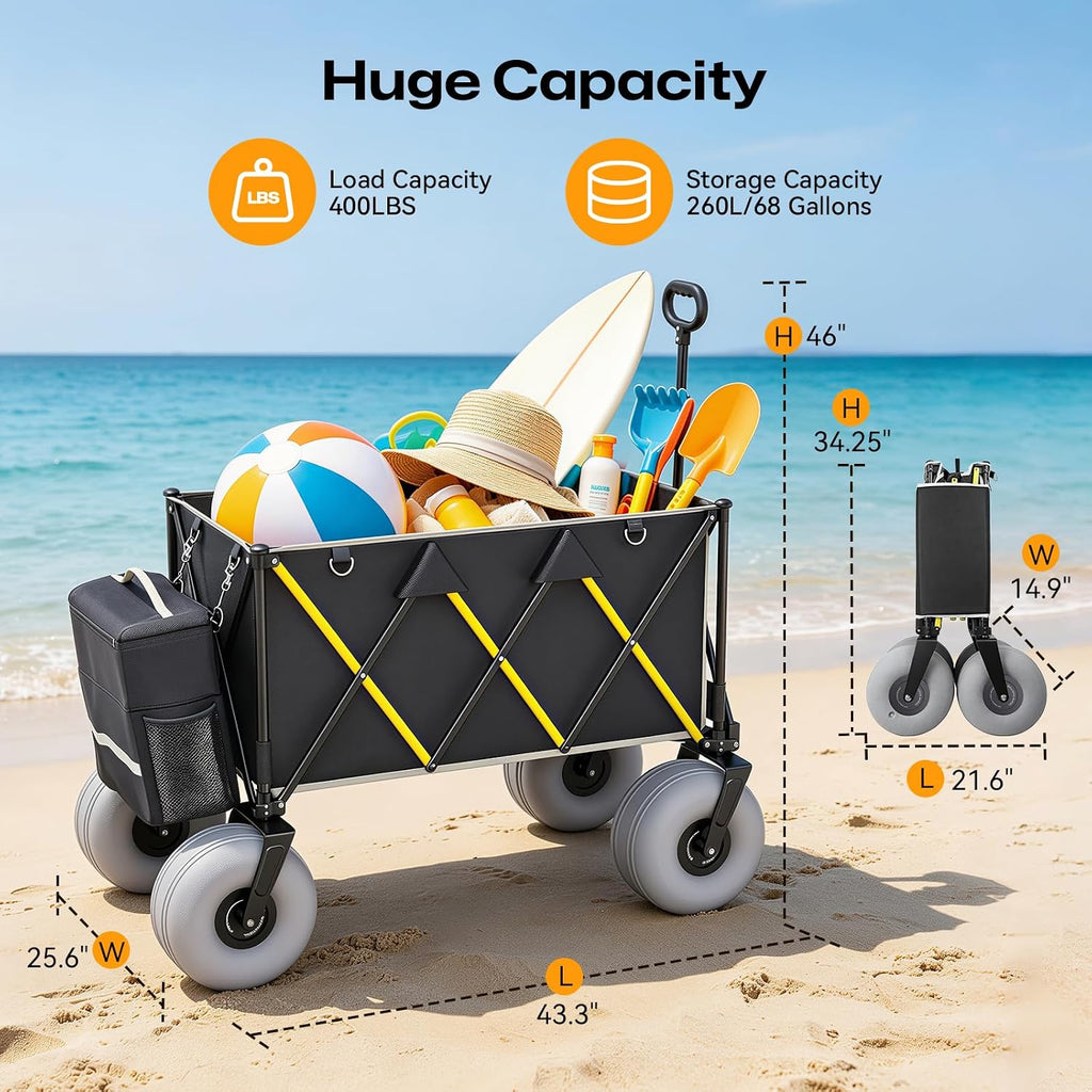 Premium 10.5' Balloon Wheels Beach Wagon - 450LBS Heavy Duty Sand Wagon, Foldable All Terrain Collapsible Utility Wagon with Removable Cooler Bag, Easy Roll for Soft Sand Family Camping-Black