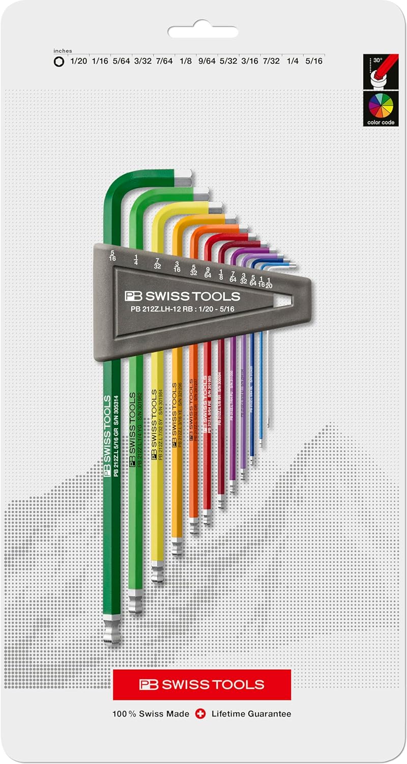 PB SWISS TOOLS Allen Key Set PB 212Z.LH-12 RB | 100% Swiss Made | 12-Piece Long Hex Key Set with Ballpoint, Inch Sized for Screwdriving Work in Industry and Handcraft