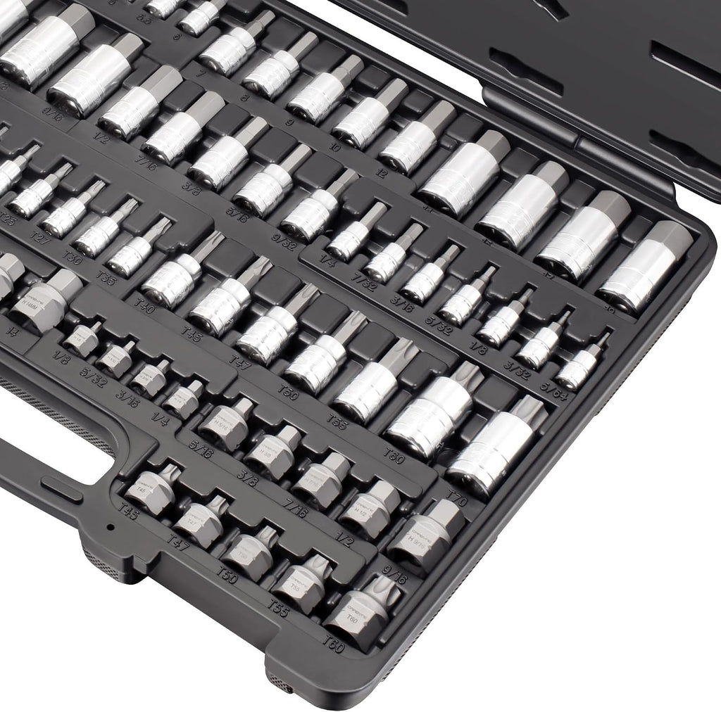 CARBYNE 80-Piece Master Torx, SAE Hex (Allen) and Metric Hex (Allen) Bit Socket Set with 30 Stubby Low Profile Super Short, S2 Steel Bits, CrV Sockets, 1/4 3/8 1/2 in. Drive, Durable Case