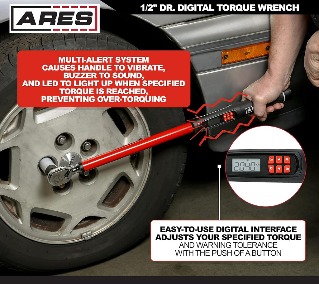 ARES 43001-1/2-Inch Drive Digital Torque Wrench – 25.1-250.8 ft-lb (30-340 Nm) Electronic Reversible Ratchet, Audio/Visual Multi-Alert, ±2% Accuracy – For Auto, Motorcycle, Mechanics