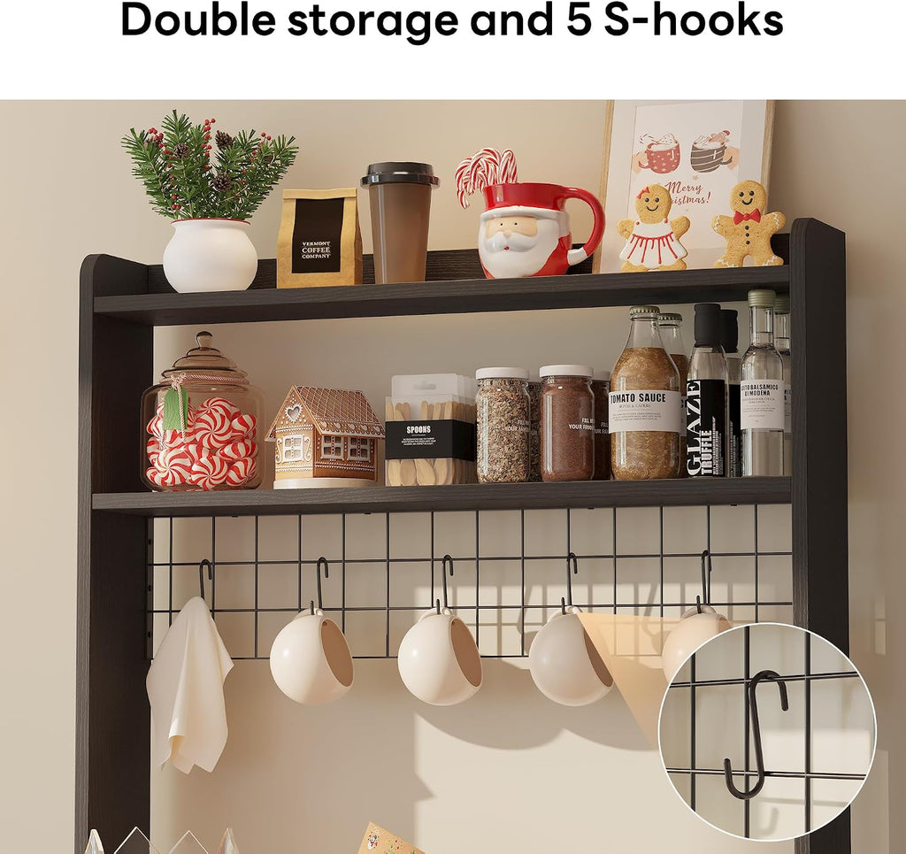 LIKIMIO Baker Rack with Spill-Safe Power Outlet & Drawer, Coffee Bar Cabinet with Storage, Farmhouse Microwave Stand with Hutch and 5 Hooks for Kitchen, Black