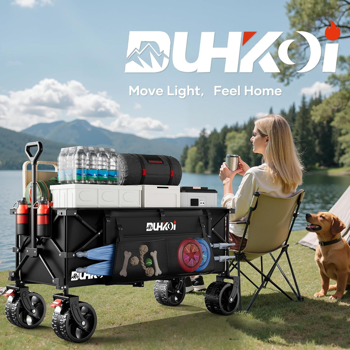 49' L Collapsible Extended Wagon with 500lbs Weight Capacity,300L Heavy Duty Sports Wagon,Big All-Terrian Wheels with Cup Holders,Cart for Sports,Grocery,Shopping