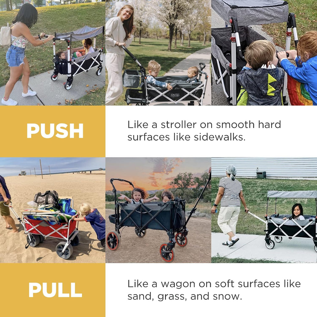 Creative Outdoors Push Pull Ultra Compact Folding Stroller Wagon with Canopy for Camping, Beach, Park, Sporting Events, Supports up to 150lbs, Brown/Tan
