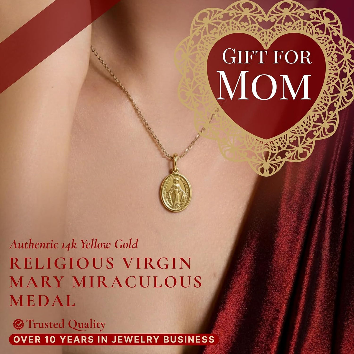 Ioka 14K Solid Yellow Gold Virgin Mary Miraculous Medal Pendant – Classic Catholic Religious Charm Jewelry for Men & Women