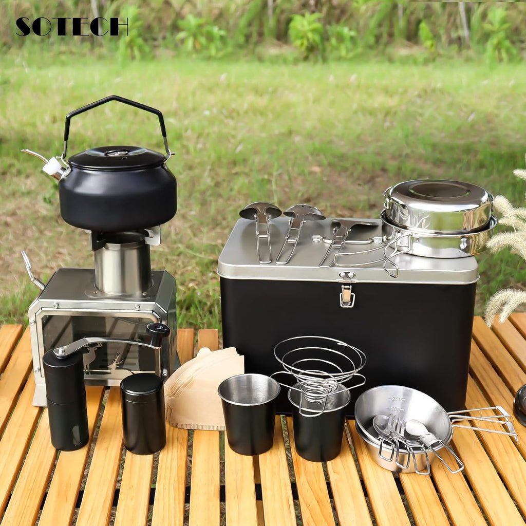 SOTECH Camping Cookware Set, 20 Pieces, Stainless Steel and Black
