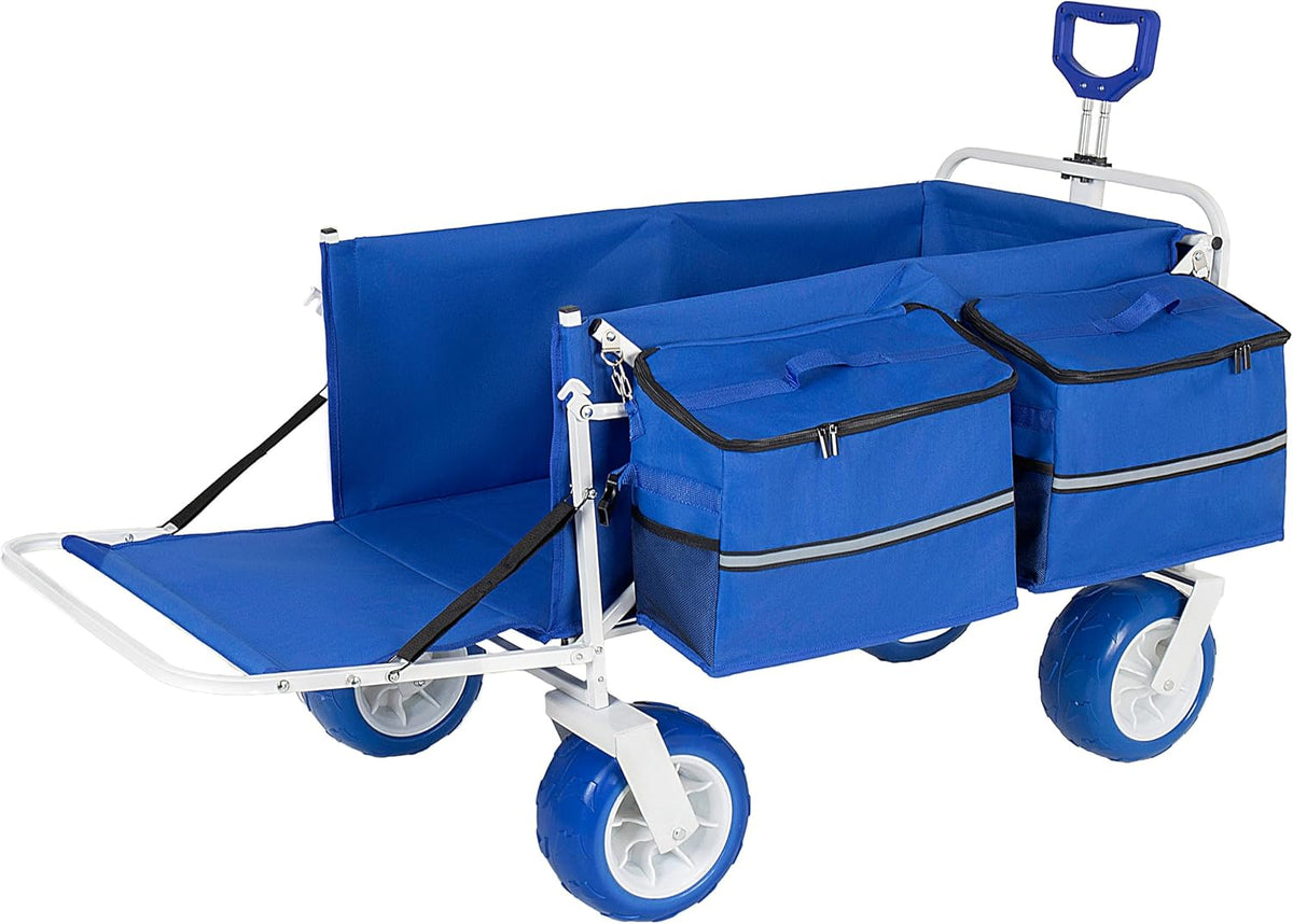 ZeHuoGe 500LBS Folding Wagon with Extendable Tailgate, Multi-Functional Wagon with 9' All-Terrain 360° Rotation Wheels, 2 Detachable Insulated Bags for Beach, Camping, Garden & Outdoor Sports