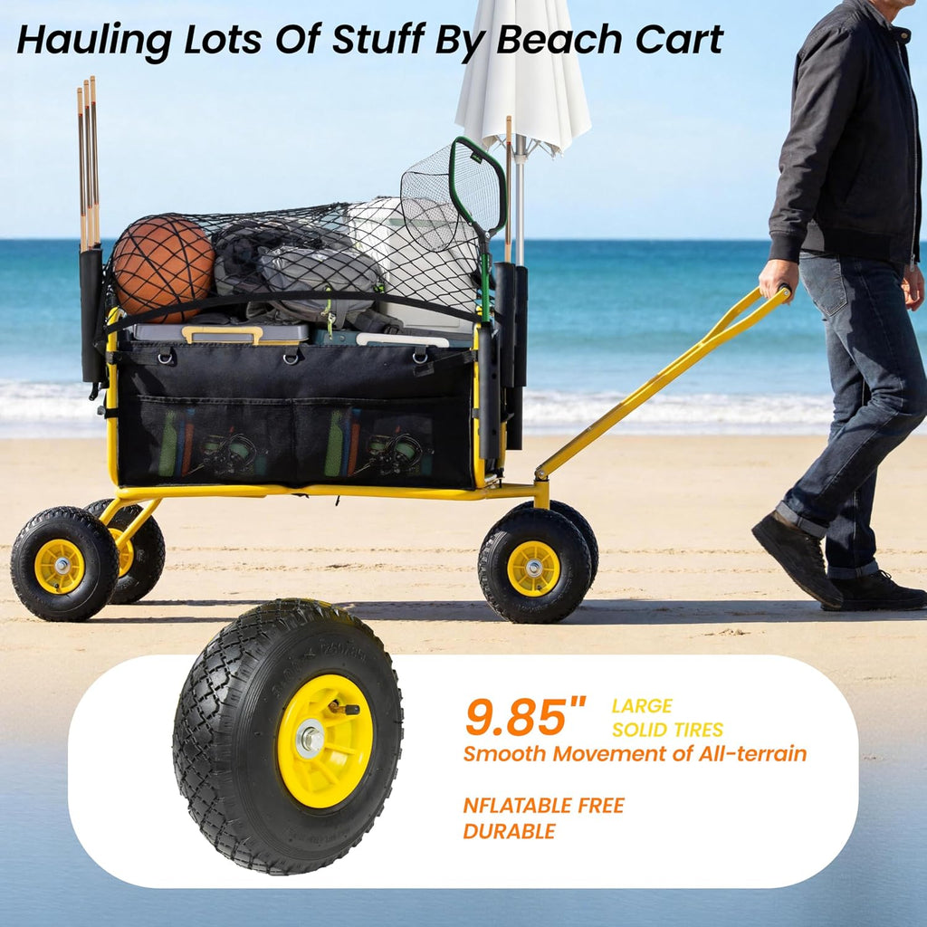 Fishing Cart Beach Cart Collapsible Wagon with 9.85' All-Terrain Wheels for Sand, Heavy Duty Foldable Utility Cart 550LBS Capacity with Rod Holders for Camping, Garden, Grocery, Outdoor Sports(Yellow)