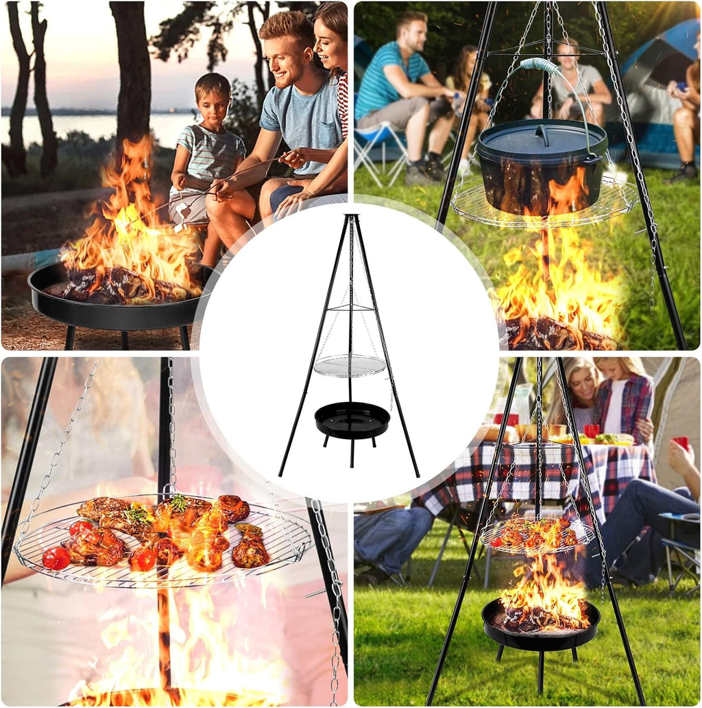 LDIW Camping Tripod Grilling Set with Black Fire Pit, Cooking Grill with Adjustable Hang Chain for Outdoor Picnic Camping Cookware Accessory