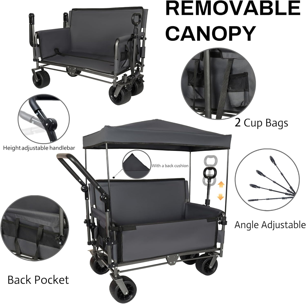 3-in-1 Heavy-Duty Folding Wagon Cart with Adjustable Canopy & Bench Seat – 500lbs Capacity, All-Terrain Utility Cart for Camping, Beach, Sports, Garden Storage (Gray)