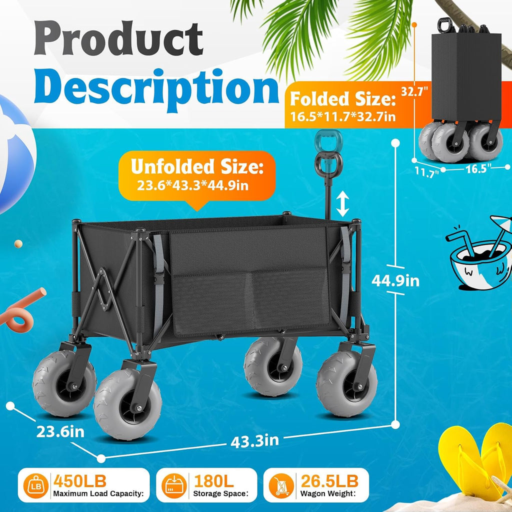 Heavy Duty Beach Wagon with 9' Big Wheels for Sand - 450lbs Load Foldable Wagon with Adjustable Handle & Cooler Bag, Collapsible Beach Cart for Shopping Garden Sports Camping Outdoor
