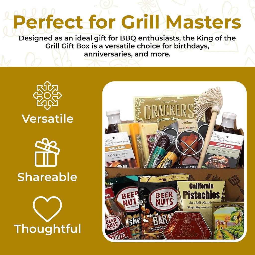 Gift Basket Village King of the Grill Gift Box - Includes BBQ Sauces, Burger Spice Blends, Cheese, Sausages, Grilling Accessories & More - Gifts for Men - BBQ Gift Set for Birthday, Anniversary & More