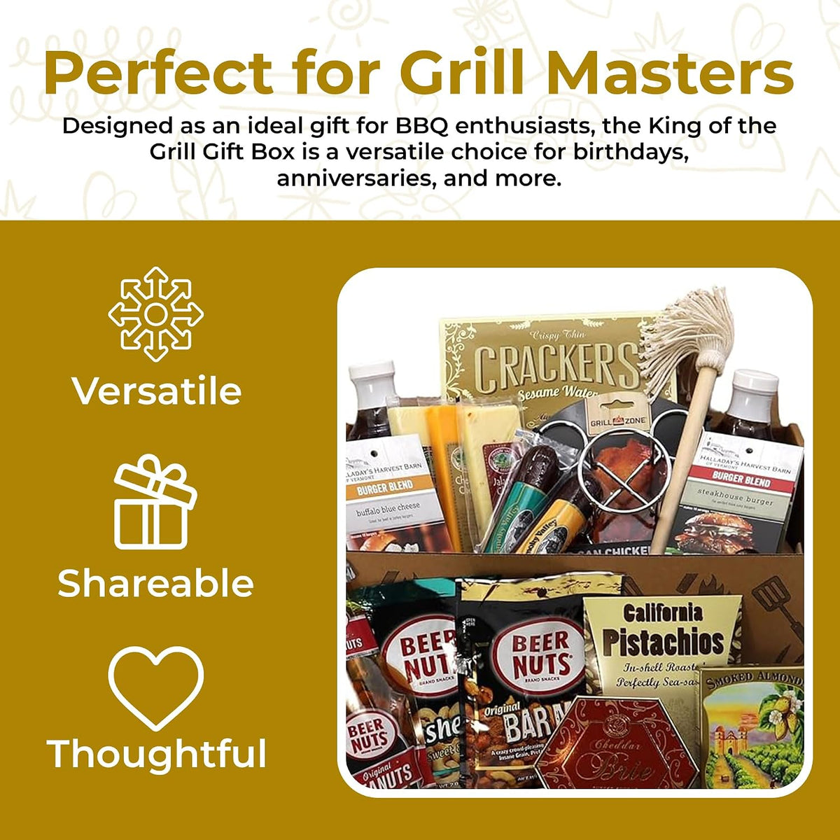 Gift Basket Village King of the Grill Gift Box - Includes BBQ Sauces, Burger Spice Blends, Cheese, Sausages, Grilling Accessories & More - Gifts for Men - BBQ Gift Set for Birthday, Anniversary & More