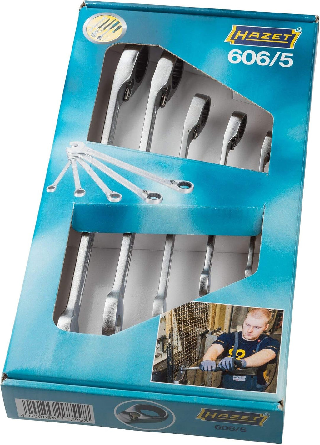 HAZET 606/5 Ring Ratchet Wrench Set, Set of 5, Reversible 0.3-0.7 inches (8-19 mm)