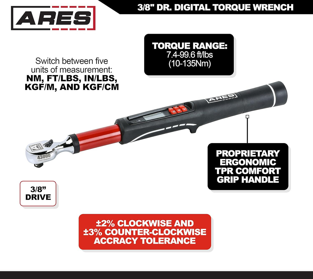 ARES 43000-3/8-Inch Drive Electronic Digital Torque Wrench - 7.4-99.6 ft/lbs (10-135Nm) - Reversible Sealed Head - Multi-Alert System Prevents Over-Torquing