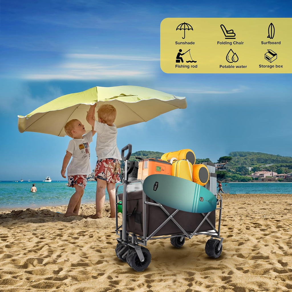 Collapsible Folding Wagon Cart, Portable Folding Beach Wagons with Wheels, Lightweight Utility Camping Wagon for Groceries, Shopping Sports Garden (Brown)
