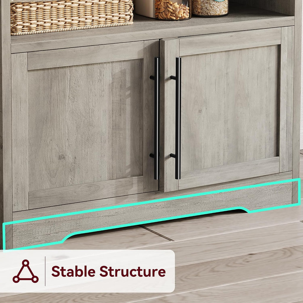 Farmhouse Bakers Rack with Power Outlets & Adjustable Shelf, Microwave Stand with Storage Cabinet - Kitchen Hutch, Coffee Bar Cabinet for Pantry Organization, Spices, Dishes & Cookware (Gray)