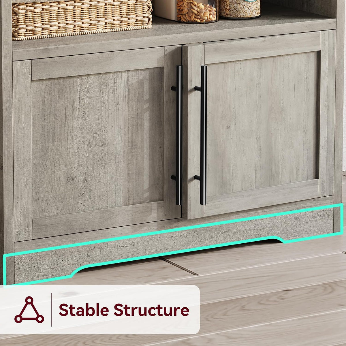 Farmhouse Bakers Rack with Power Outlets & Adjustable Shelf, Microwave Stand with Storage Cabinet - Kitchen Hutch, Coffee Bar Cabinet for Pantry Organization, Spices, Dishes & Cookware (Gray)