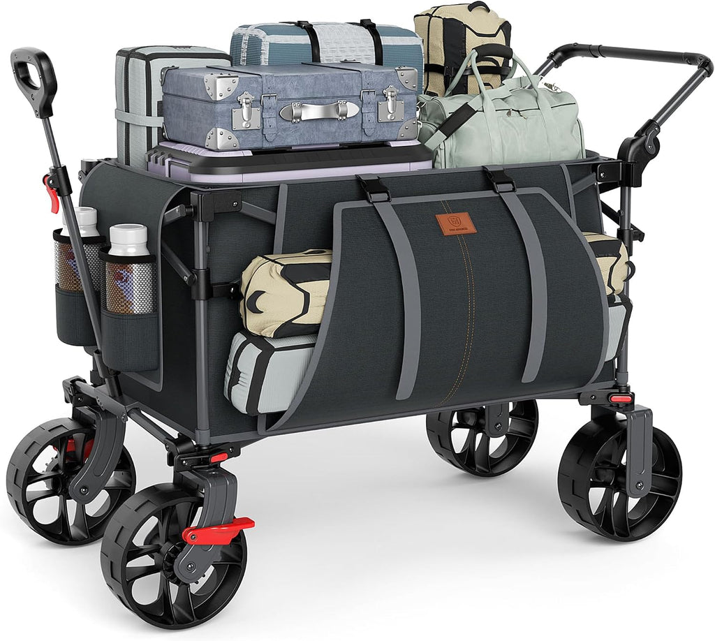 EVER ADVANCED Folding Push Wagon with Brakes, Portable Shopping Cart, Collapsible Wagon Cart with All-Terrain Big Wheels for Camping, Beach, Sports
