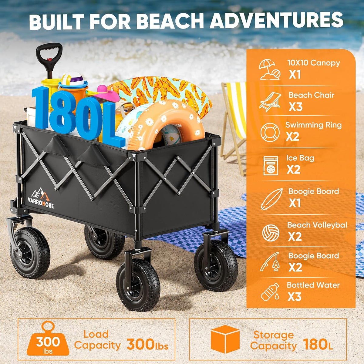 Big Rubber Wheels Beach Wagon Cart Foldable, 9x3 All-Terrain Wheels, Heavy Duty Collapsible Utility Wagon with 330lbs Capacity, Compact Storage, Easy Transport for Sand Camping Sports, Black