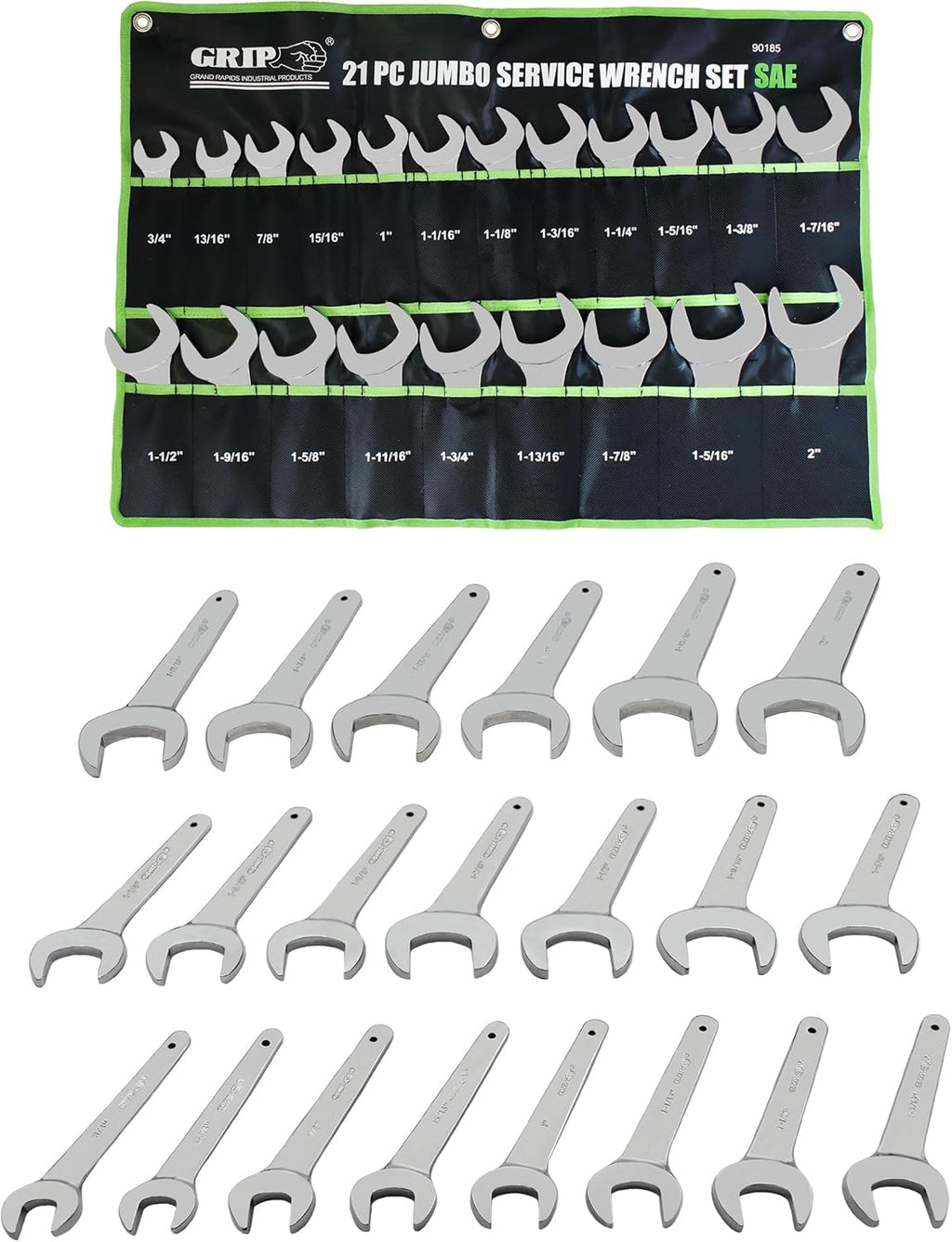 Grip 21 pc Jumbo Service Wrench Set SAE - Sizes from 3/4' up to 2' - Chrome Plated - Chrome Vanadium Steel - Heavy Duty Storage Pouch - Automotive, Hydraulic Equipment