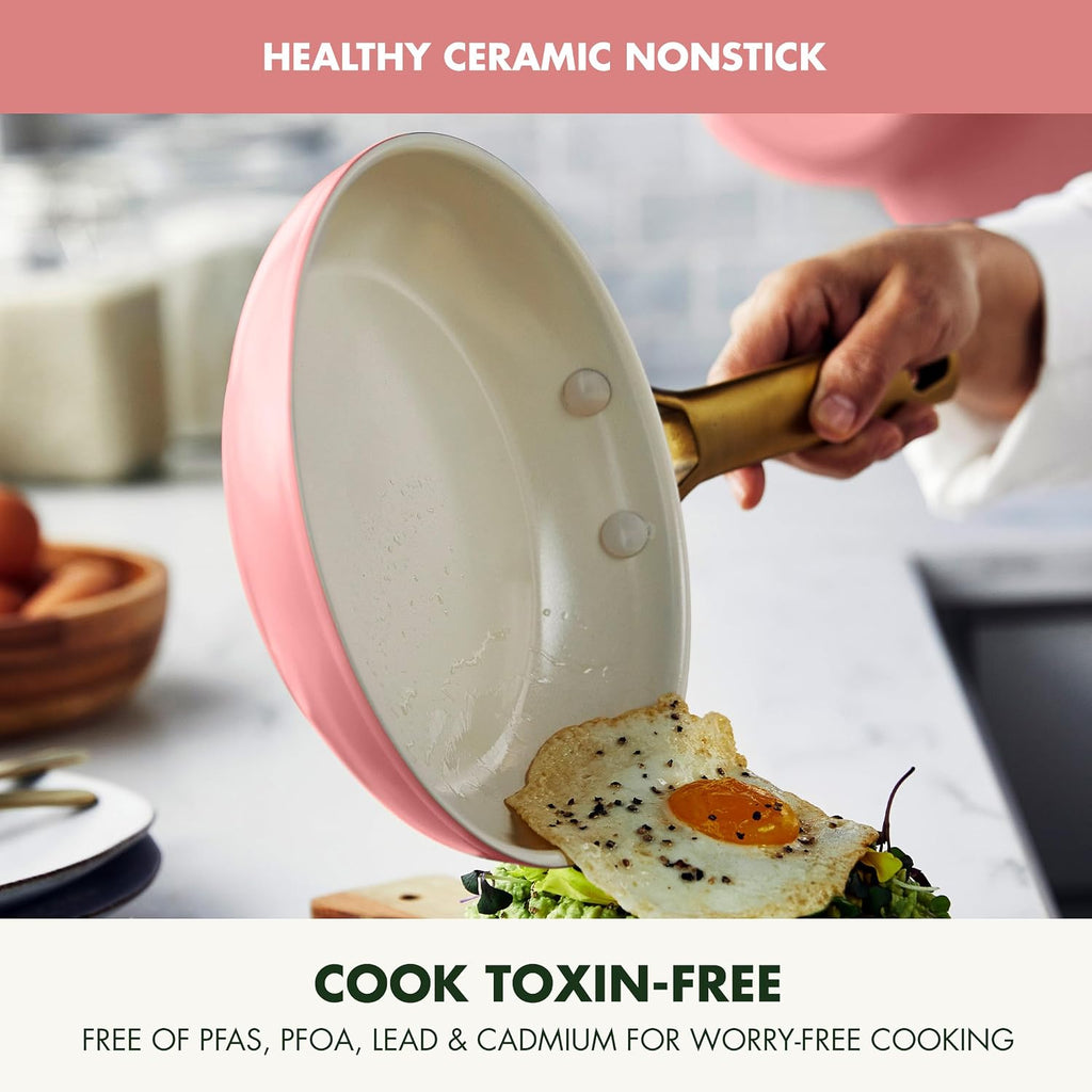 GreenPan 8' 10' & 12' 3 Piece Frying Pan Skillet Set, Healthy Ceramic Nonstick PFAS-Free Cookware, Hard Anodized Aluminum, Gold-Tone Stainless Steel Handles, Dishwasher and Oven Safe, Coral