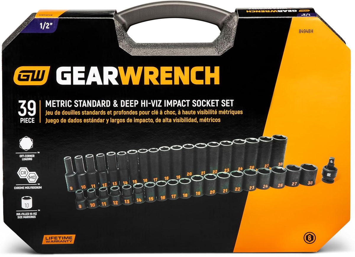 GEARWRENCH 39 Piece 1/2' Drive 6 Point Metric Hi-Viz Standard & Deep Impact Socket Set | 84948H