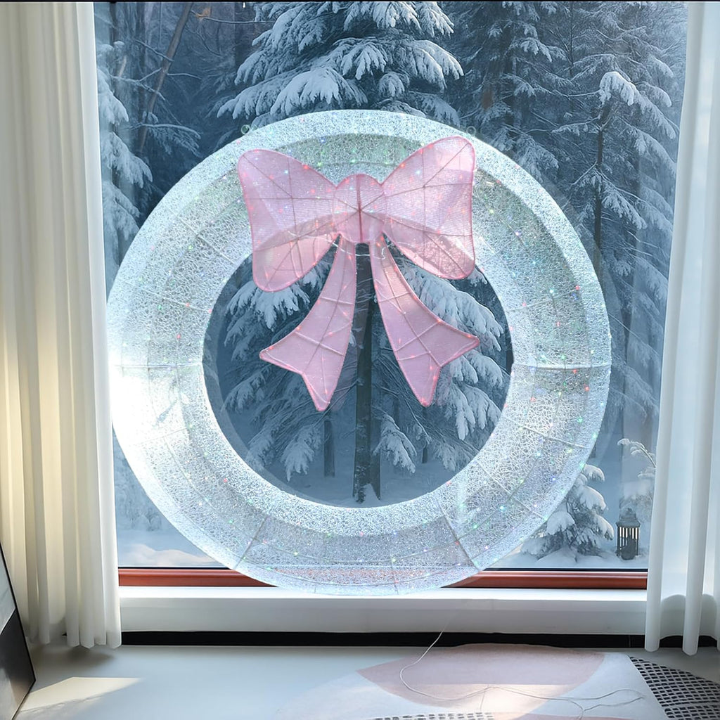 VINGLI 60IN Prelit Outdoor Christmas Wreath Decoration, Large Silver Lighted Metal Front Door Garland with Pink Bow, 280 RGB & Red LED Lights for Gate Wall Porch Indoor Outdoor Holiday Party Decor