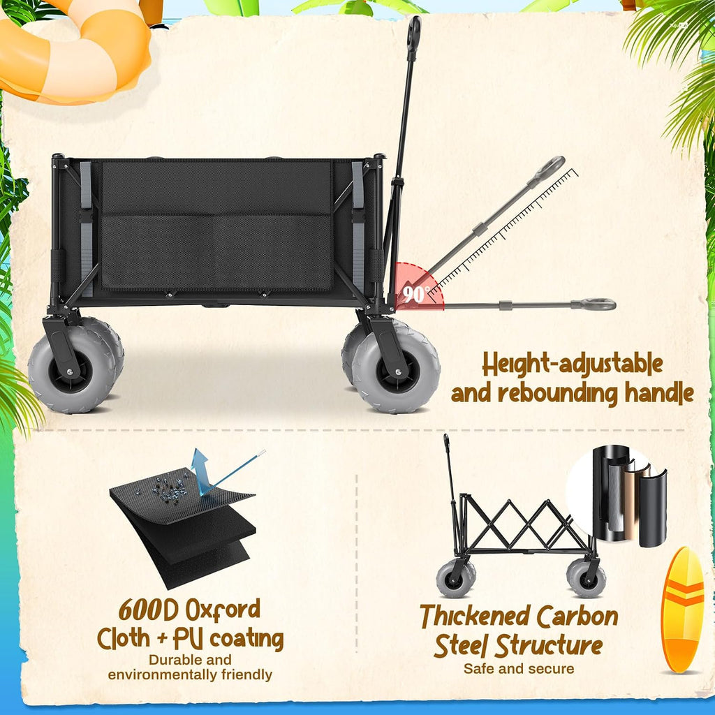 Beach Wagon with Big Wheels for Sand Heavy Duty Collapsible Wagon with 9' All Terrain Inflatable Tires, Foldable Beach Cart for Camping Outdoor Grocery Shopping Garden Sports