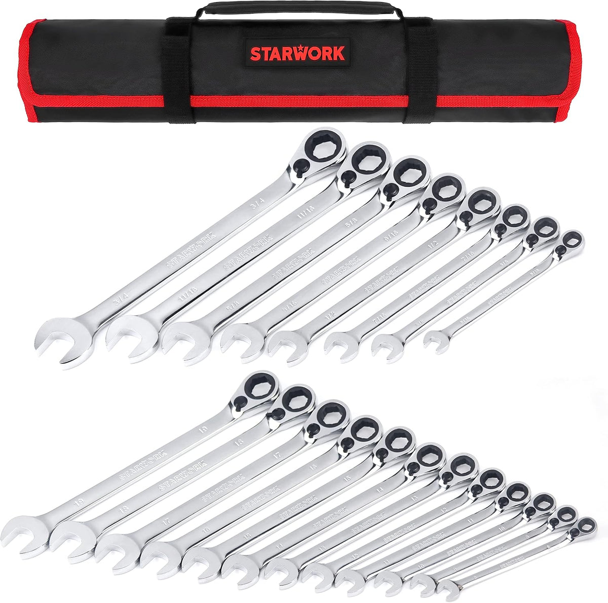 STARWORK TRUE MECHANIC™ 20 Pc. Reversible Ratcheting Wrench Set, Combination Ratchet Wrench Set, Non-Slip, Long Pattern, 6-Point 15° Offset, Professional, SAE/Metric (5/16-3/4' & 8-19 mm)