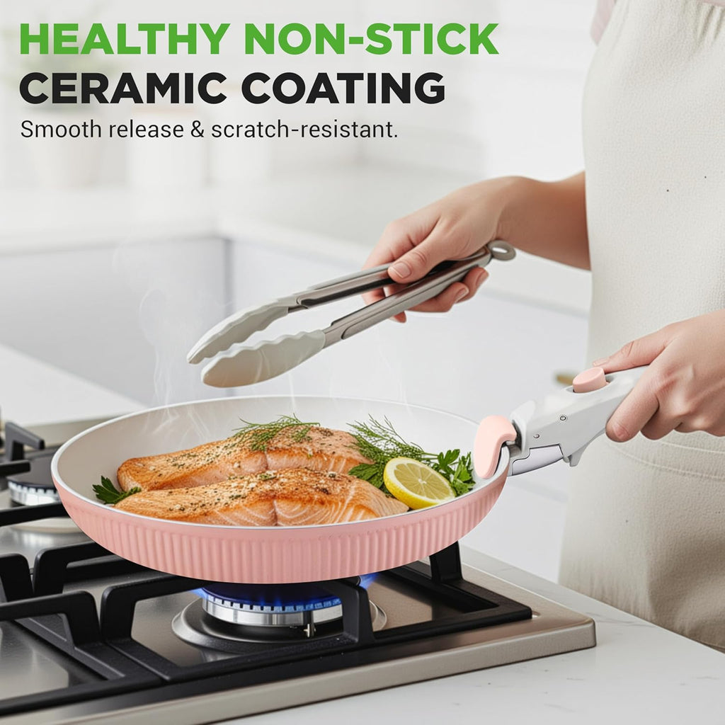 NutriChef 18-Piece Ceramic Cookware Set with Detachable Handles, Non Stick Pots and Pans, PTFE-Free Natural Ceramic Coating, Space-Saving Design, Oven & Stove Safe, Includes Utensils, Pink