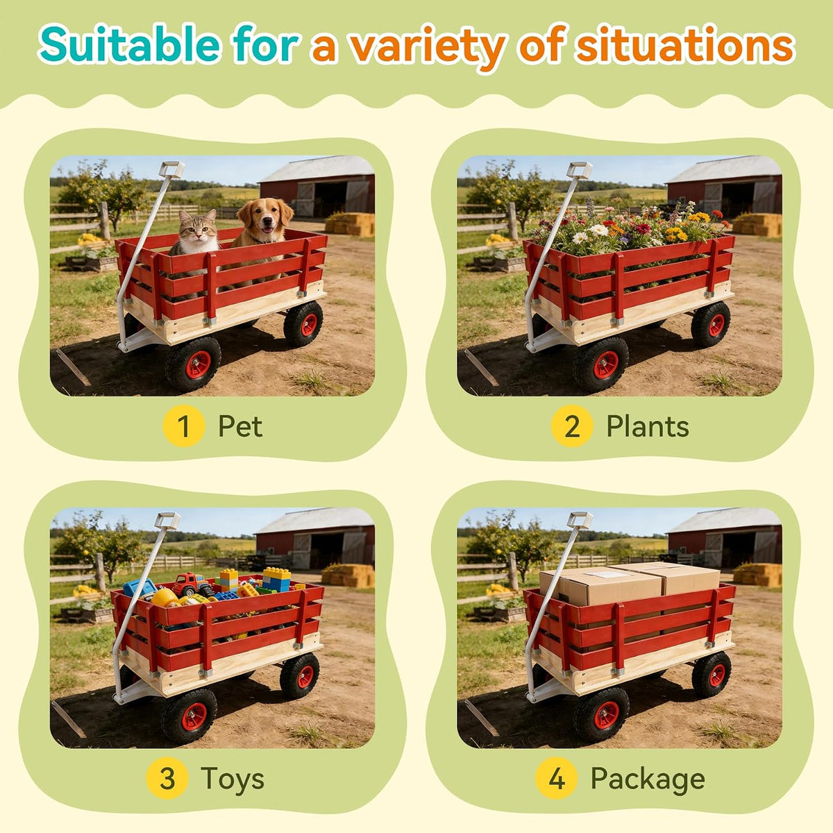 Garden Cart with Removable Side Panels, 176 lbs Capacity - Heavy-Duty Steel Yard Cart with Pneumatic Tires, Ideal for Gardening, Beach Use, and More (Red-White Handle)