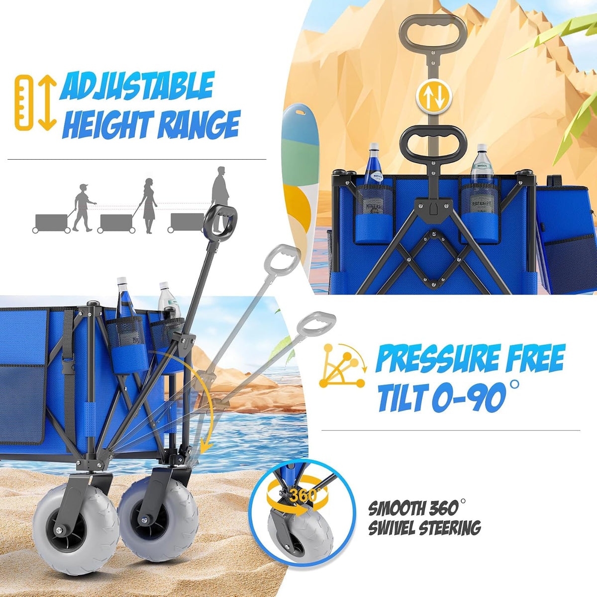 Beach Wagon with Big Wheels for Sand, 350lbs Heavy Duty Folding Wagon, Oversized 180L, 9' PVC All-Terrain Wheels, Adjustable Handle, Cooler & Storage Bags for Beach, Camping & Outdoor Sports (Blue)