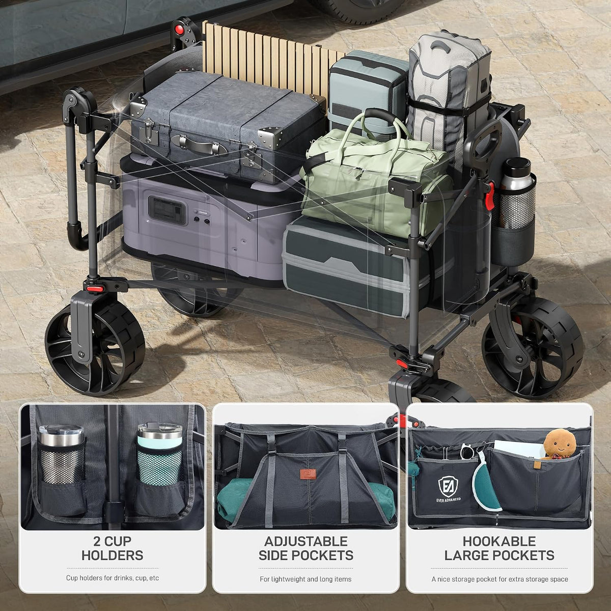 EVER ADVANCED Folding Push Wagon with Brakes, Portable Shopping Cart, Collapsible Wagon Cart with All-Terrain Big Wheels for Camping, Beach, Sports