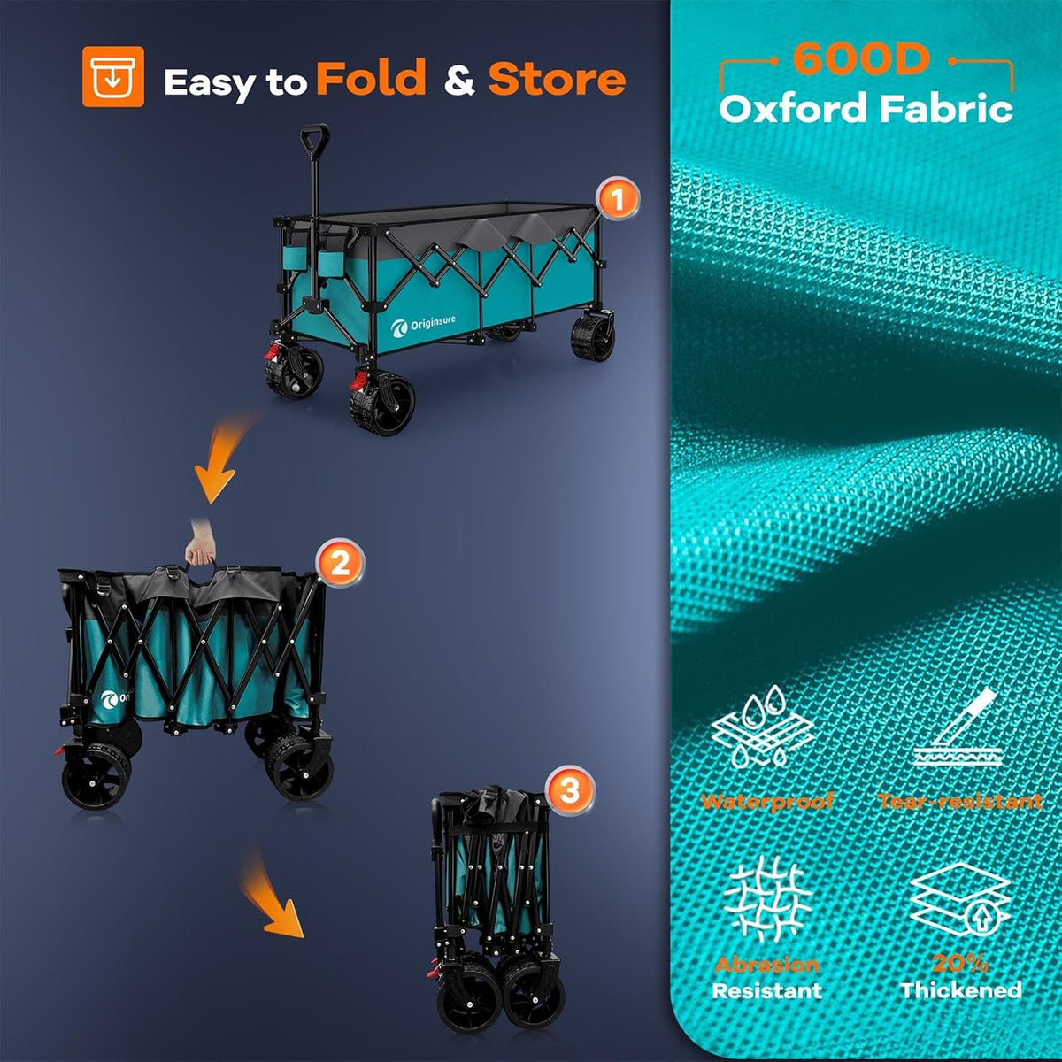 Originsure 48' L Collapsible Beach Wagon Cart Foldable, 560LB Weight Capacity 300L Heavy Duty Folding Wagons with Big All-Terrain Wheels, Utility Carts for Groceries, Camping, Sports - Grey&Turquoise