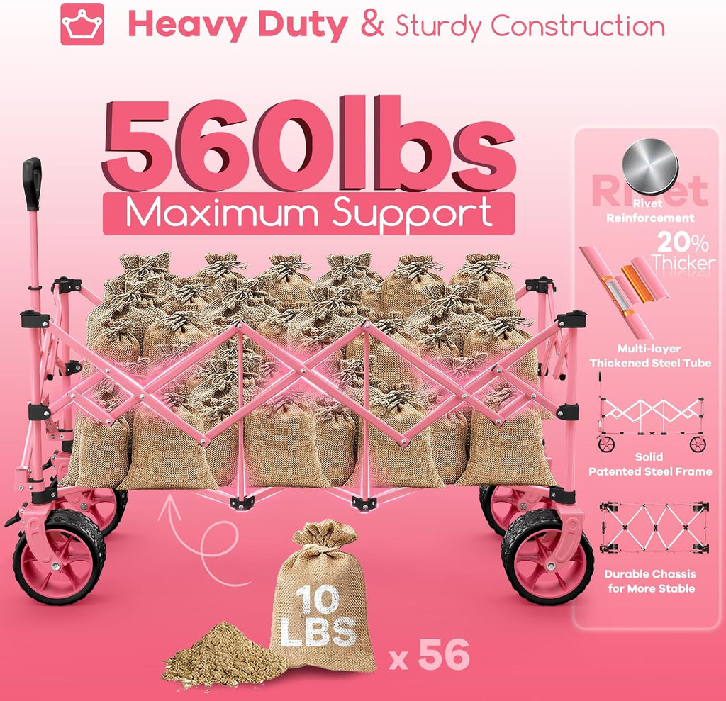 Originsure 48' L Collapsible Wagon Cart Foldable, 560lbs Weight Capacity 300L Heavy Duty Folding Beach Wagons with Big All-Terrain Wheels, Utility Carts for Groceries, Camping, Sports - Pink